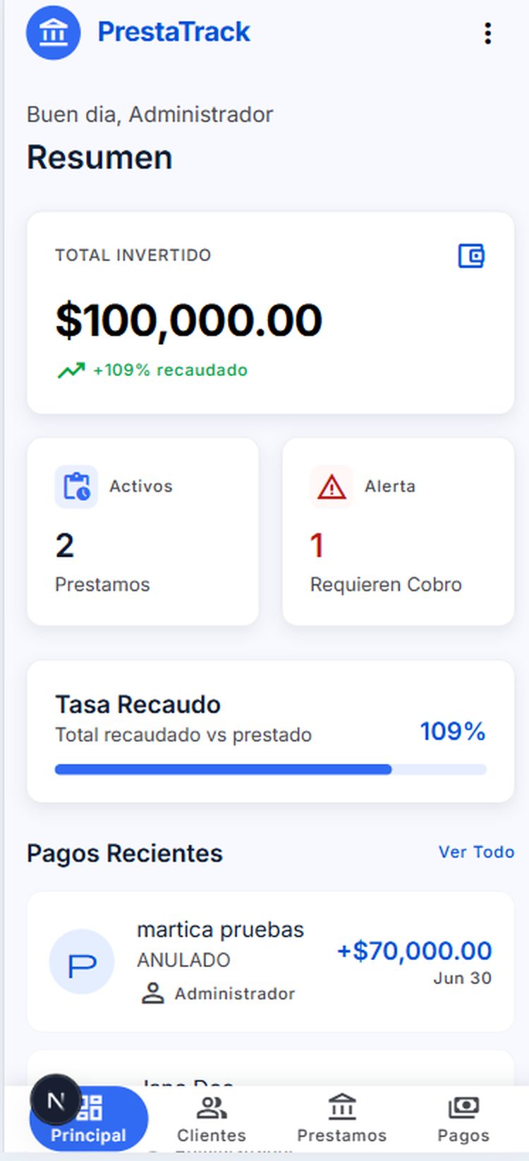 Pantalla de registro de clientes en Prestatrack