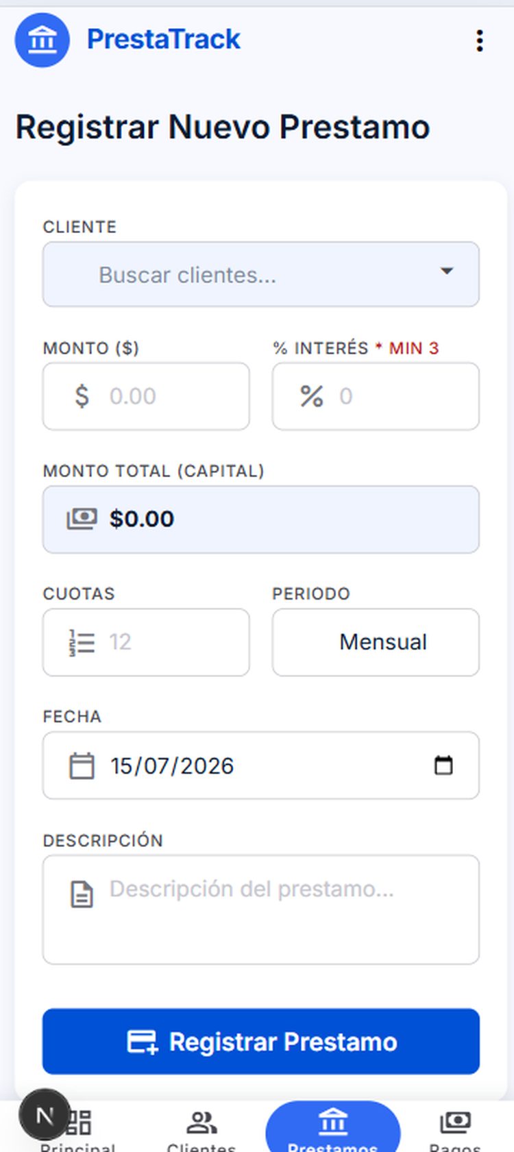 Pantalla de registro de pagos en Prestatrack